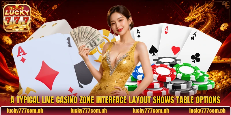 A typical Live Casino Zone interface layout shows table options