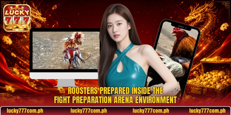 Roosters prepared inside the Fight Preparation Arena environment Roosters prepared inside the Fight Preparation Arena environment